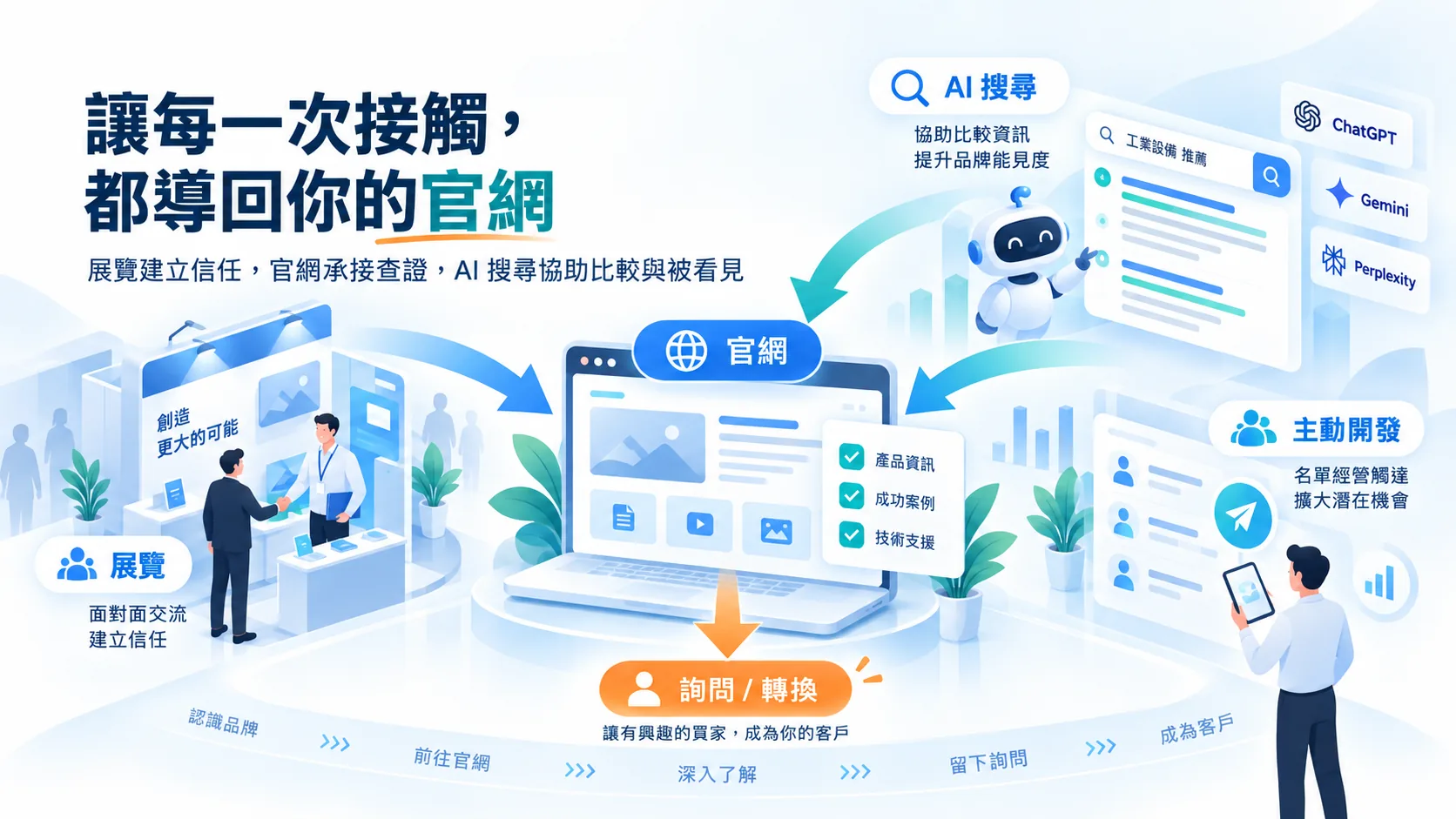 展覽、官網與 AI 搜尋分工示意圖：每一次接觸的買家都導回官網完成查證與詢價