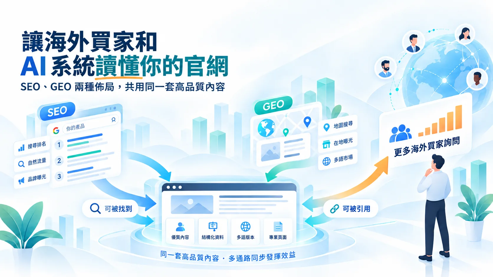 SEO 與 GEO 兩種佈局共用同一套官網內容，由同一組團隊維護的示意圖